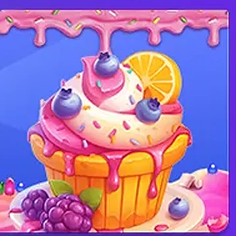 Cupcake stroberi dengan buah beri pada ubin permainan h03